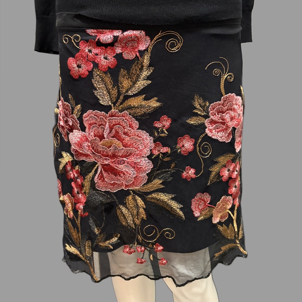 Band of Gypsies Black Skirt with Red and Gold Floral Embroidery